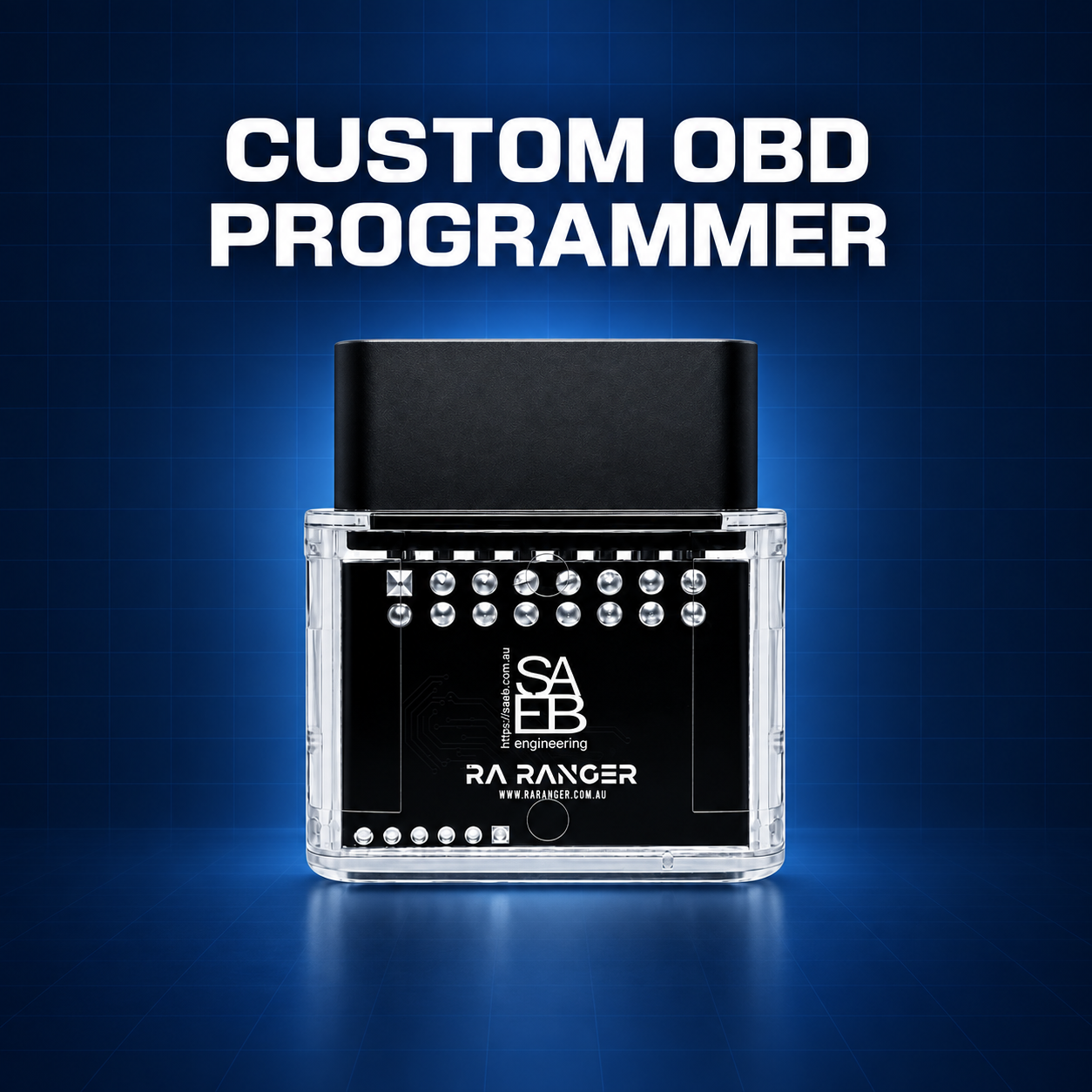 SAEB custom OBD programmer on a blue technical background